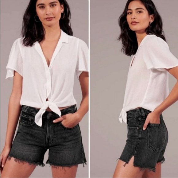 Abercrombie & Fitch Black Mid Rise Denim Frayed Boyfriend Shorts - Picture 1 of 4